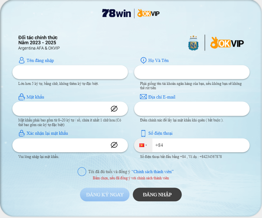 mẫu đằng kí tài khoản 78Win5 Us